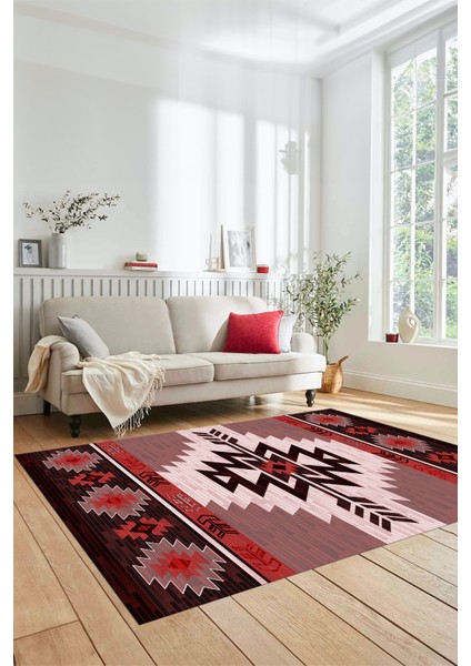 Etnik Desenli Dijital Baskılı Kaymaz Yıkanabilir Yolluk Mutfak Salon Halısı, Etnik-05-Bordo modelleri
