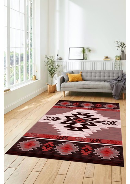Etnik Desenli Dijital Baskılı Kaymaz Yıkanabilir Yolluk Mutfak Salon Halısı, Etnik-05-Bordo fırsatları