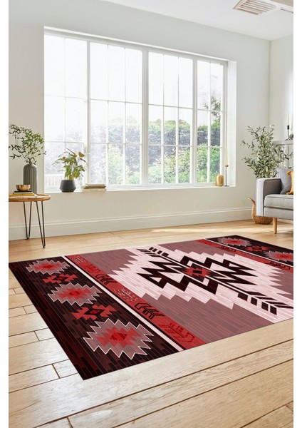 Etnik Desenli Dijital Baskılı Kaymaz Yıkanabilir Yolluk Mutfak Salon Halısı, Etnik-05-Bordo indirimleri