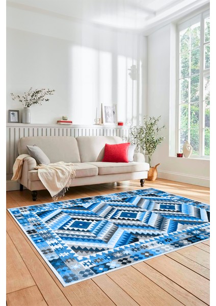 Modern Tasarım Etnik Desenli Dijital Kaymaz Yıkanabilir Yolluk Salon Halısı, Etnik-09-Mavi