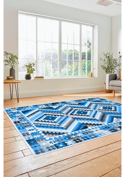Modern Tasarım Etnik Desenli Dijital Kaymaz Yıkanabilir Yolluk Salon Halısı, Etnik-09-Mavi modelleri