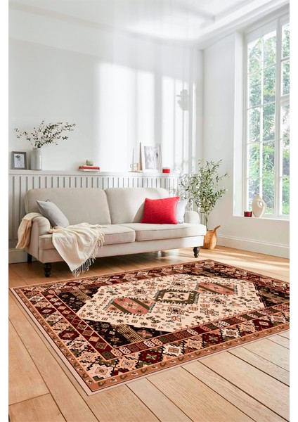 Etnik Klasik Desenli Dijital Baskılı Kaymaz Yıkanabilir Yolluk Salon Halısı, Etnik-07-Bej fiyatları