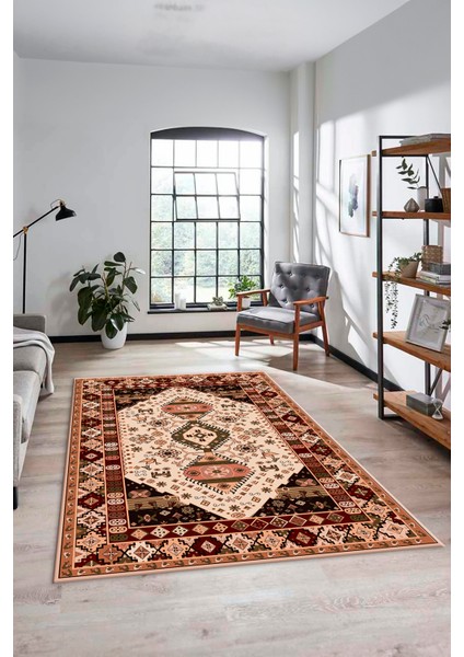 Etnik Klasik Desenli Dijital Baskılı Kaymaz Yıkanabilir Yolluk Salon Halısı, Etnik-07-Bej indirimleri