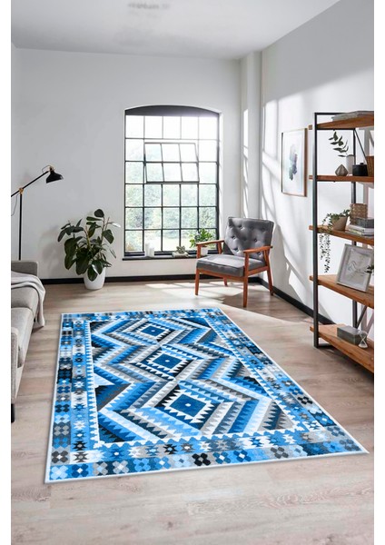 Modern Tasarım Etnik Desenli Dijital Kaymaz Yıkanabilir Yolluk Salon Halısı, Etnik-09-Mavi fırsatları