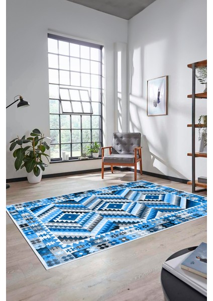 Modern Tasarım Etnik Desenli Dijital Kaymaz Yıkanabilir Yolluk Salon Halısı, Etnik-09-Mavi indirimleri