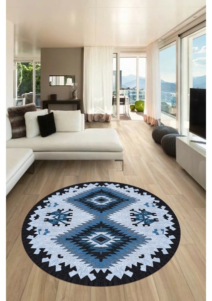 Dijital Kaymaz Yıkanabilir Etnik Desenli Yuvarlak Mutfak Salon Halısı, Y-Etnik-02-Mavi,