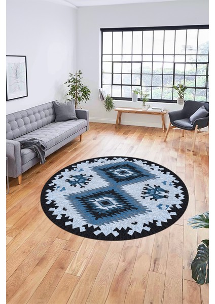 Dijital Kaymaz Yıkanabilir Etnik Desenli Yuvarlak Mutfak Salon Halısı, Y-Etnik-02-Mavi,