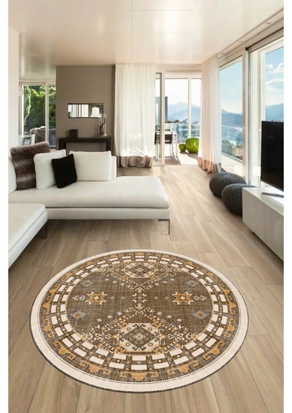 Dijital Kaymaz Yıkanabilir Etnik Desen Yuvarlak Mutfak Salon Halısı, Y-Etnik-03-Kahve,