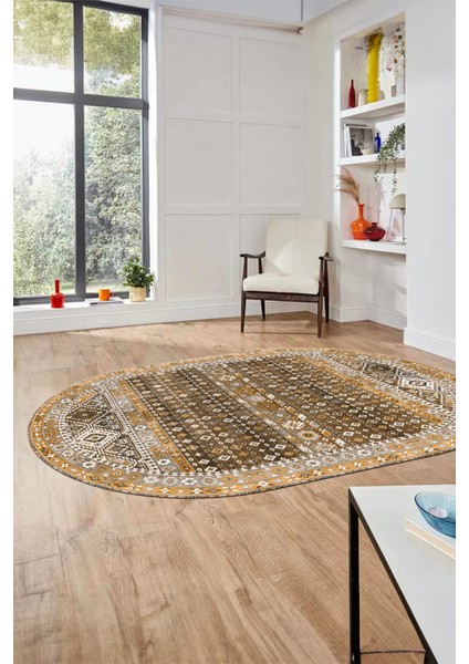 Yeni Tasarım Etnik Desenli Yıkanabilir Oval Yolluk Mutfak Salon Koridor Halısı, O-Etnik-17-Kahve,