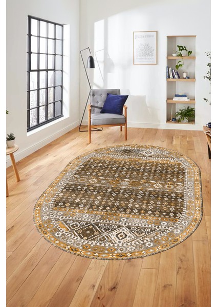 Yeni Tasarım Etnik Desenli Yıkanabilir Oval Yolluk Mutfak Salon Koridor Halısı, O-Etnik-17-Kahve,