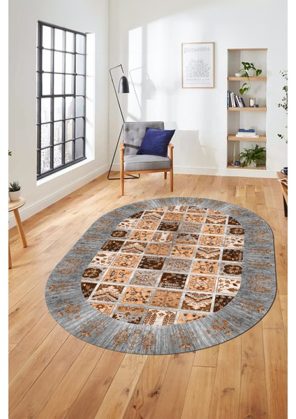Yeni Etnik Desen Kaymaz Yıkanabilir Oval Yolluk Mutfak Salon Koridor Halısı, O-Etnik-18-Gri, modelleri