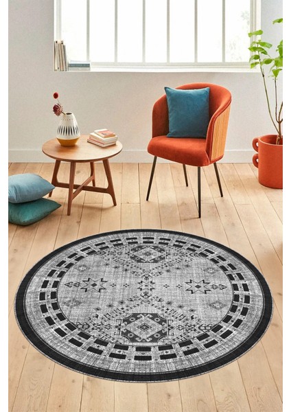 Dijital Kaymaz Yıkanabilir Etnik Desen Yuvarlak Mutfak Salon Halısı, Y-Etnik-03-Gri, modelleri