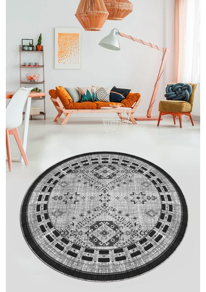 Dijital Kaymaz Yıkanabilir Etnik Desen Yuvarlak Mutfak Salon Halısı, Y-Etnik-03-Gri, fırsatları