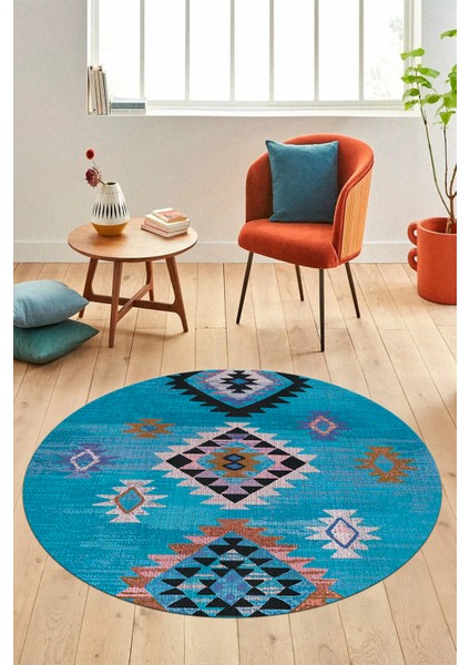 Dijital Kaymaz Yıkanabilir Etnik Desenli Yuvarlak Mutfak Salon Halısı, Y-Etnik-01-Mavi, modelleri