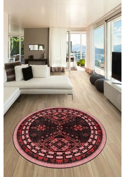 Dijital Kaymaz Yıkanabilir Etnik Desen Yuvarlak Mutfak Salon Halısı, Y-Etnik-03-Pembe,
