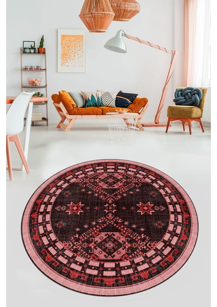 Dijital Kaymaz Yıkanabilir Etnik Desen Yuvarlak Mutfak Salon Halısı, Y-Etnik-03-Pembe, modelleri