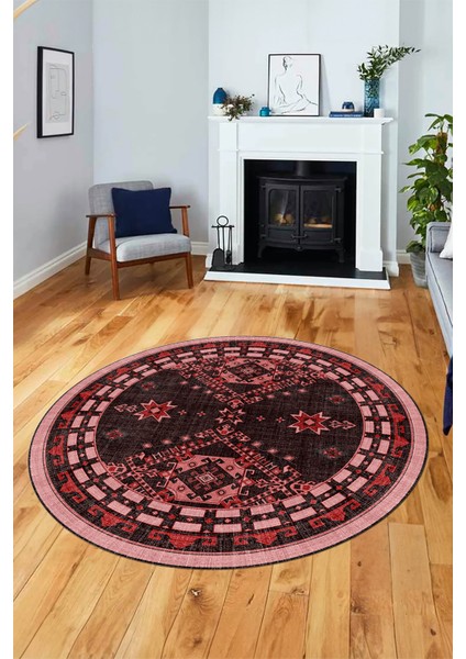 Dijital Kaymaz Yıkanabilir Etnik Desen Yuvarlak Mutfak Salon Halısı, Y-Etnik-03-Pembe, indirimleri