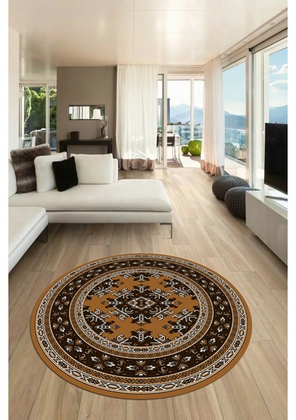 Dijital Kaymaz Yıkanabilir Şık Etnik Desen Yuvarlak Mutfak Salon Halısı, Y-Etnik-04-Kahve,