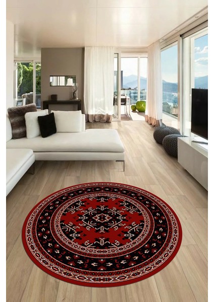 Dijital Kaymaz Yıkanabilir Şık Etnik Desen Yuvarlak Mutfak Salon Halısı, Y-Etnik-04-Kırmızı,