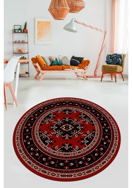 Dijital Kaymaz Yıkanabilir Şık Etnik Desen Yuvarlak Mutfak Salon Halısı, Y-Etnik-04-Kırmızı, modelleri