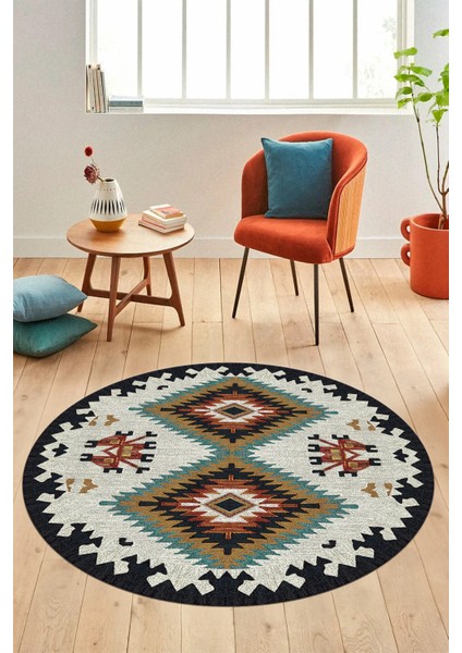 Dijital Kaymaz Yıkanabilir Etnik Desenli Yuvarlak Mutfak Salon Halısı, Y-Etnik-02-Renkli, modelleri