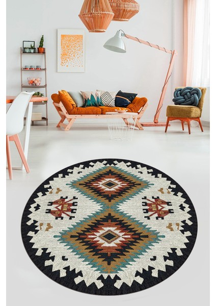 Dijital Kaymaz Yıkanabilir Etnik Desenli Yuvarlak Mutfak Salon Halısı, Y-Etnik-02-Renkli, fırsatları