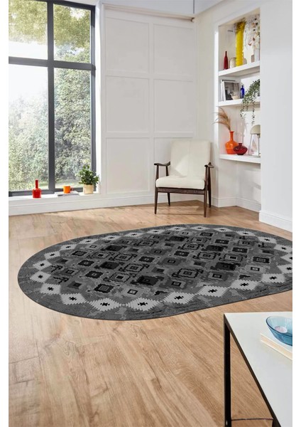 Sade Etnik Desen Kaymaz Yıkanabilir Oval Yolluk Mutfak Salon Koridor Halısı, O-Etnik-19-Gri,
