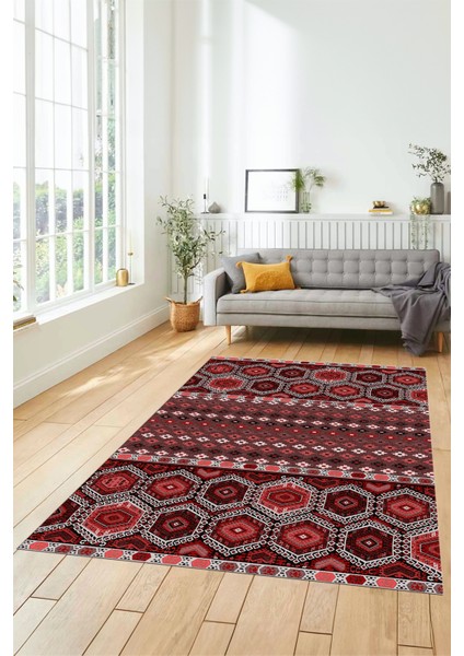 Dijital Baskılı Kaymaz Yıkanabilir Şık Etnik Desenli Yolluk Mutfak Salon Halısı, Etnik-13-Kırmızı