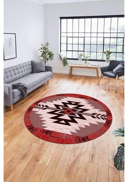 Etnik Desenli Dijital Kaymaz Yıkanabilir Yuvarlak Mutfak Salon Halısı, Y-Etnik-05-Bordo,