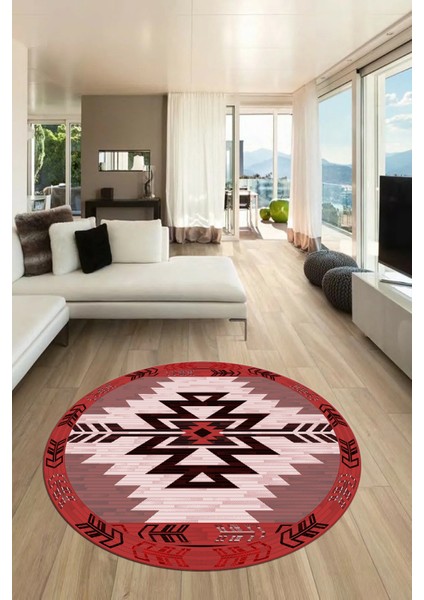 Etnik Desenli Dijital Kaymaz Yıkanabilir Yuvarlak Mutfak Salon Halısı, Y-Etnik-05-Bordo,