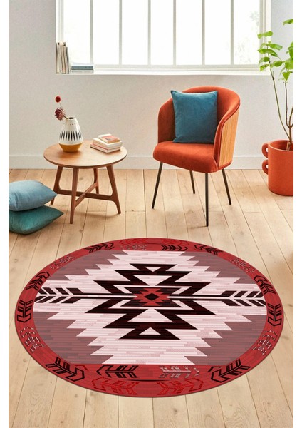 Etnik Desenli Dijital Kaymaz Yıkanabilir Yuvarlak Mutfak Salon Halısı, Y-Etnik-05-Bordo, fiyatları