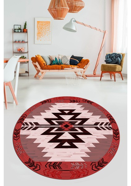 Etnik Desenli Dijital Kaymaz Yıkanabilir Yuvarlak Mutfak Salon Halısı, Y-Etnik-05-Bordo, modelleri