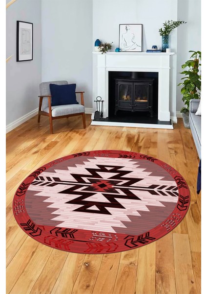 Etnik Desenli Dijital Kaymaz Yıkanabilir Yuvarlak Mutfak Salon Halısı, Y-Etnik-05-Bordo, indirimleri