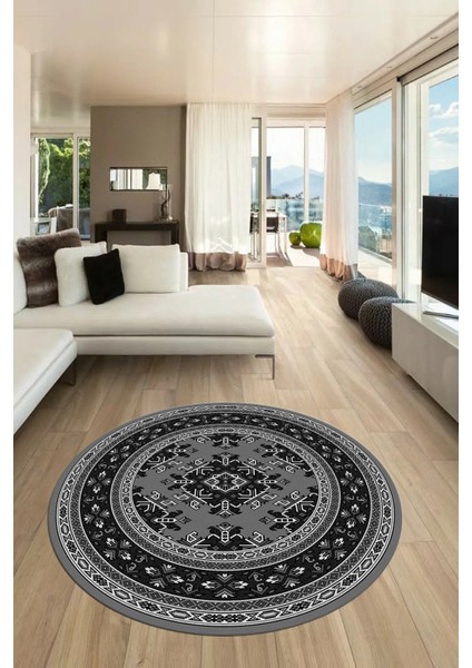 Dijital Kaymaz Yıkanabilir Şık Etnik Desen Yuvarlak Mutfak Salon Halısı, Y-Etnik-04-Gri,