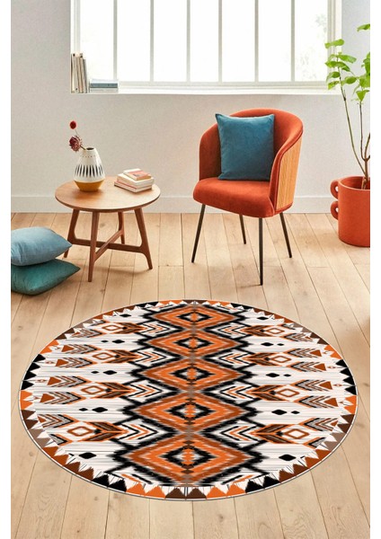Renkli Etnik Desenli Dijital Kaymaz Yıkanabilir Yuvarlak Mutfak Salon Halısı, Y-Etnik-06-Turuncu,