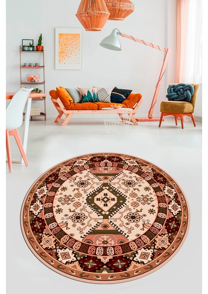 Etnik Klasik Desenli Dijital Kaymaz Yıkanabilir Yuvarlak Salon Halısı, Y-Etnik-07-Bej, fiyatları