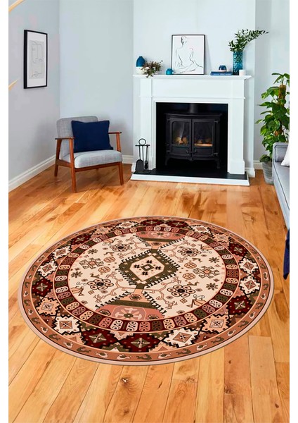 Etnik Klasik Desenli Dijital Kaymaz Yıkanabilir Yuvarlak Salon Halısı, Y-Etnik-07-Bej, fırsatları