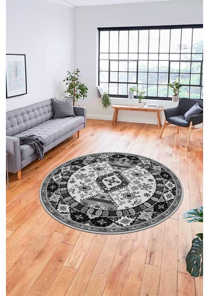 Etnik Klasik Desenli Dijital Kaymaz Yıkanabilir Yuvarlak Salon Halısı, Y-Etnik-07-Gri, modelleri