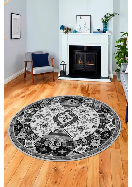 Etnik Klasik Desenli Dijital Kaymaz Yıkanabilir Yuvarlak Salon Halısı, Y-Etnik-07-Gri, fırsatları
