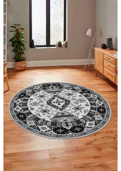 Etnik Klasik Desenli Dijital Kaymaz Yıkanabilir Yuvarlak Salon Halısı, Y-Etnik-07-Gri, indirimleri