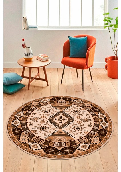 Etnik Klasik Desenli Dijital Kaymaz Yıkanabilir Yuvarlak Salon Halısı, Y-Etnik-07-Kahve,