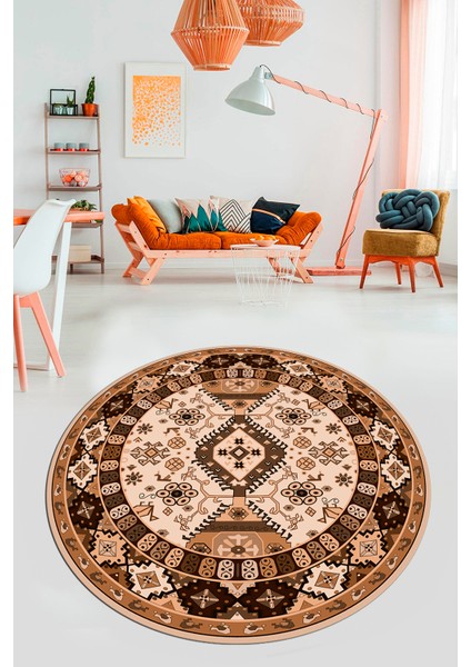 Etnik Klasik Desenli Dijital Kaymaz Yıkanabilir Yuvarlak Salon Halısı, Y-Etnik-07-Kahve, fiyatları