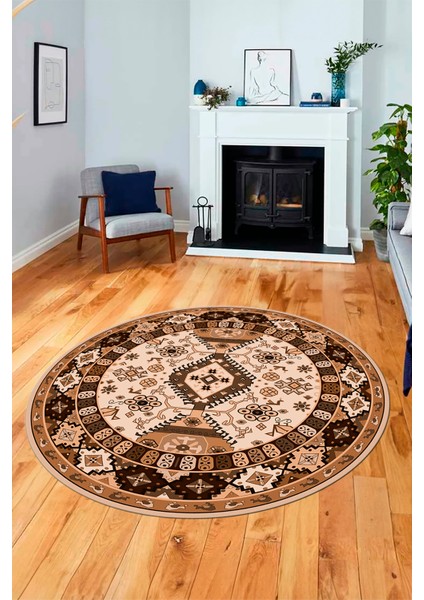 Etnik Klasik Desenli Dijital Kaymaz Yıkanabilir Yuvarlak Salon Halısı, Y-Etnik-07-Kahve, fırsatları