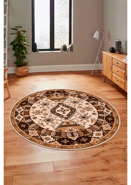 Etnik Klasik Desenli Dijital Kaymaz Yıkanabilir Yuvarlak Salon Halısı, Y-Etnik-07-Kahve, indirimleri