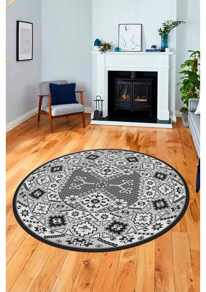 Şık Tasarım Etnik Desenli Dijital Kaymaz Yıkanabilir Yuvarlak Salon Halısı, Y-Etnik-08-Gri, modelleri