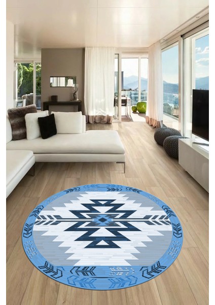 Etnik Desenli Dijital Kaymaz Yıkanabilir Yuvarlak Mutfak Salon Halısı, Y-Etnik-05-Mavi,
