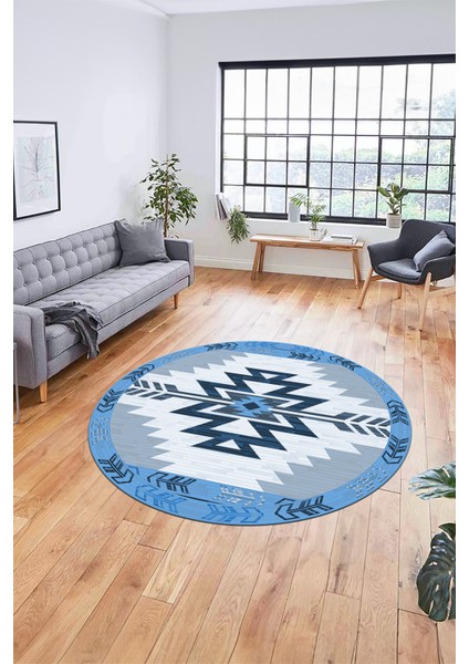 Etnik Desenli Dijital Kaymaz Yıkanabilir Yuvarlak Mutfak Salon Halısı, Y-Etnik-05-Mavi, fırsatları