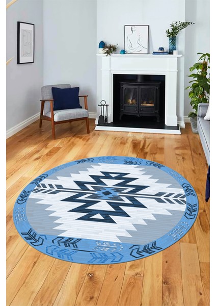 Etnik Desenli Dijital Kaymaz Yıkanabilir Yuvarlak Mutfak Salon Halısı, Y-Etnik-05-Mavi, indirimleri