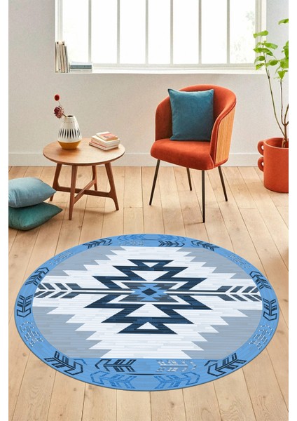 Etnik Desenli Dijital Kaymaz Yıkanabilir Yuvarlak Mutfak Salon Halısı, Y-Etnik-05-Mavi, fiyatları