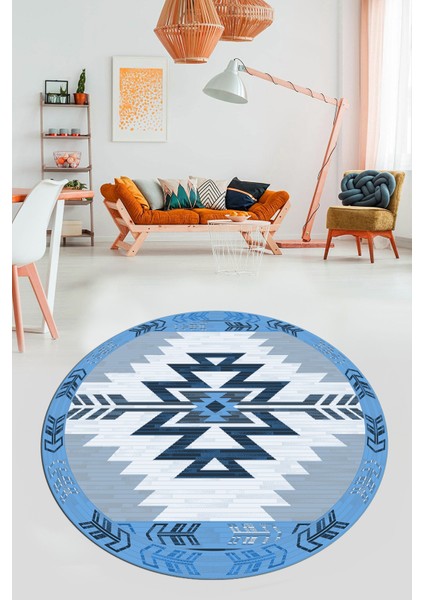 Etnik Desenli Dijital Kaymaz Yıkanabilir Yuvarlak Mutfak Salon Halısı, Y-Etnik-05-Mavi, modelleri